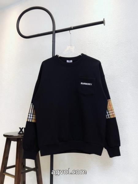 BURBERRY胸ポケットアルファベット刺繍腕チェックステッチクルーネックパーカー 5 