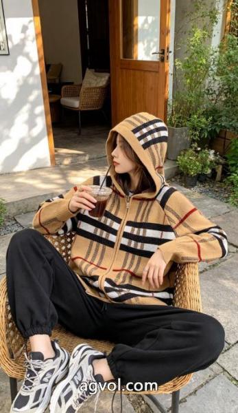 BURBERRYバーバリー定番チェック柄連帽ジップニットカーディガンペアルックコートトップス 4
